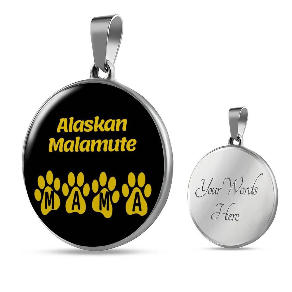 Alaskan Malamute Mama Circle Pendant Necklace Stainless Steel 24 Inch Chain Sil